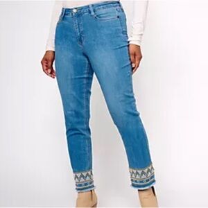 Susan Graver Straight Leg Jean With Embroidered Hem Petite